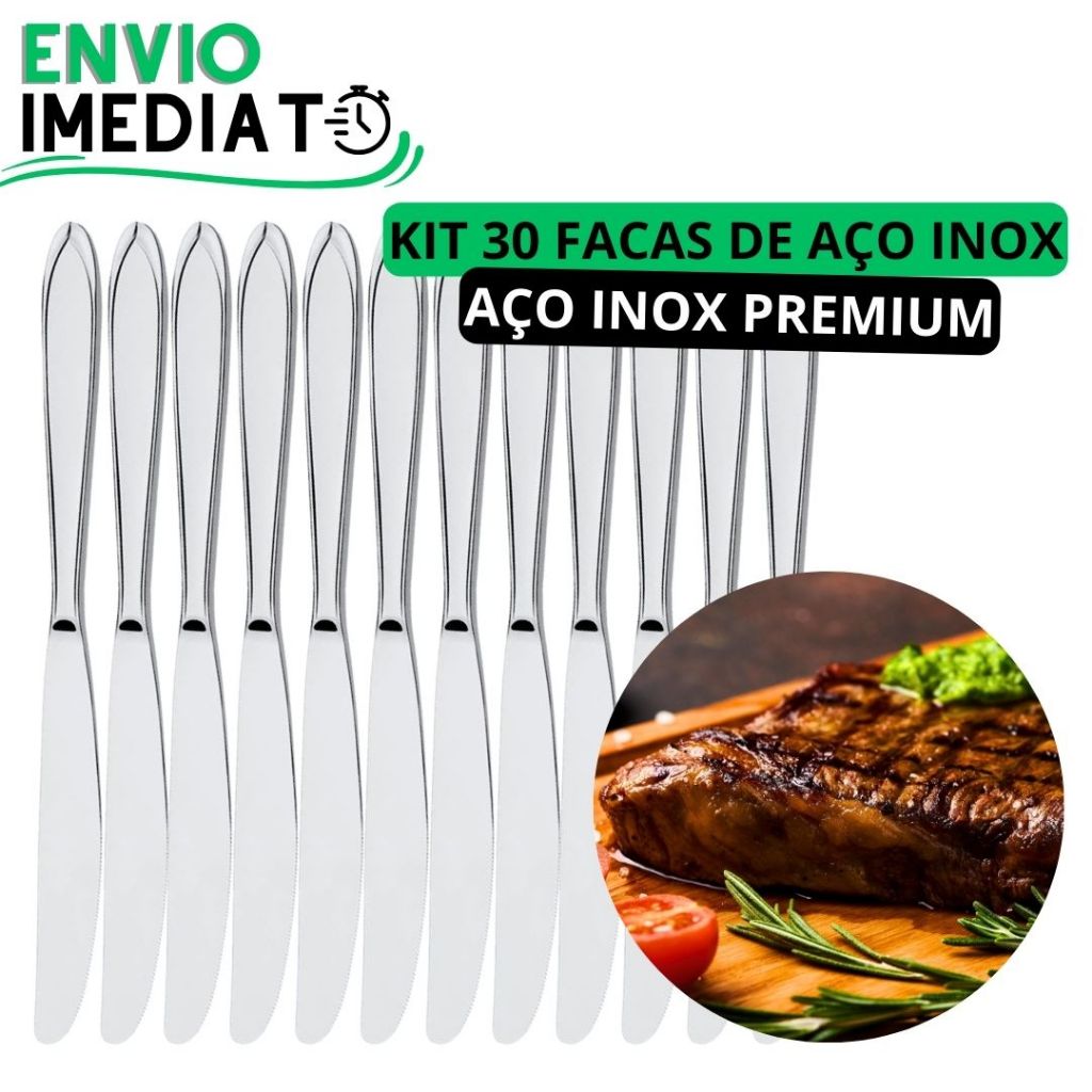 KIT 30 Faca de Mesa 100% Aço Inox Polido PREMIUM para Casa Cozinha Restaurante Bar Buffet Super Resistente Serra