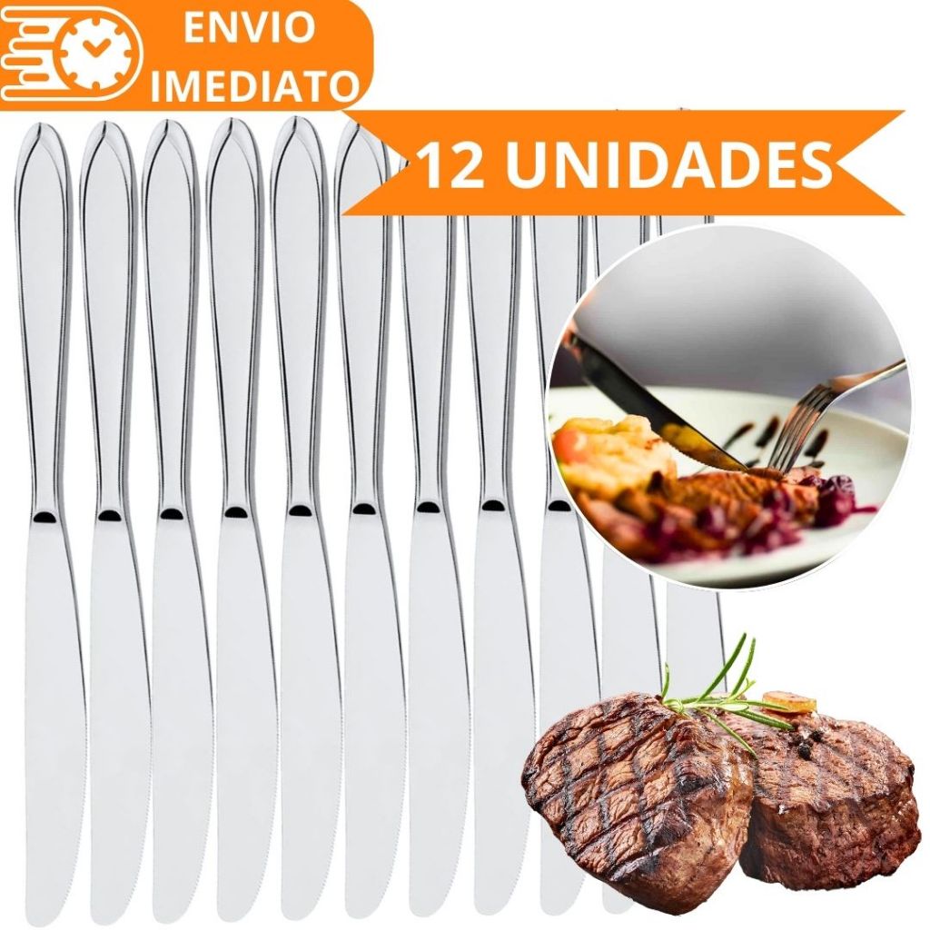 KIT 12 Faca de Mesa 100% Aço Inox PREMIUM Polido Grande para Casa Cozinha Restaurante Bar Buffet Super Resistente