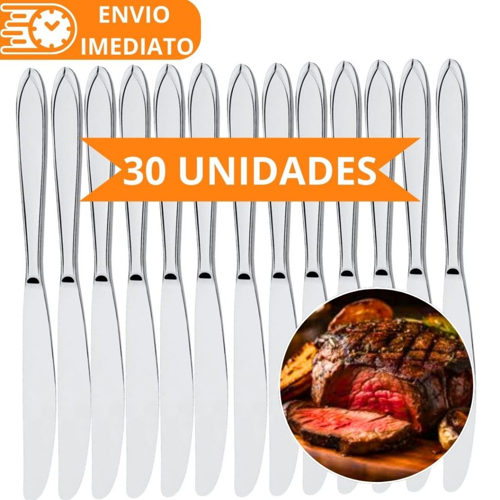 KIT 30 Faca de Mesa 100% Aço Inox PREMIUM Polido Grande para Casa Cozinha Restaurante Bar Buffet Super Resistente