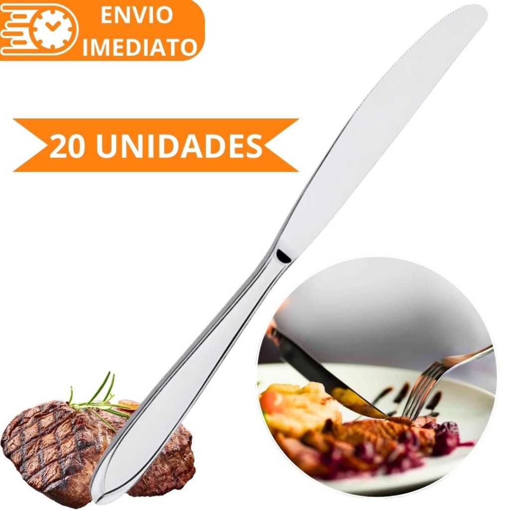 KIT 20 Faca de Mesa 100% Aço Inox Polido para Casa Cozinha Restaurante Bar Buffet Super Resistente