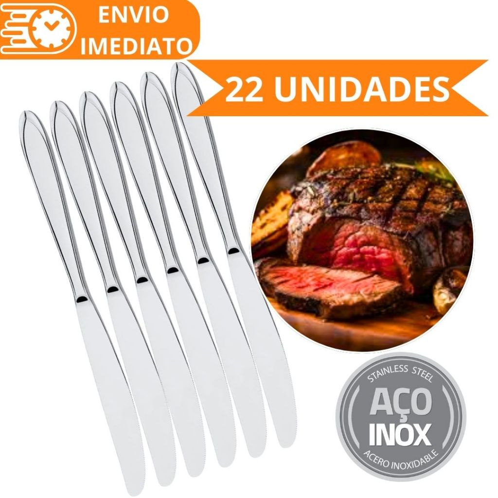KIT 22 Faca de Mesa 100% Aço Inox PREMIUM Polido Grande para Casa Cozinha Restaurante Bar Buffet Super Resistente