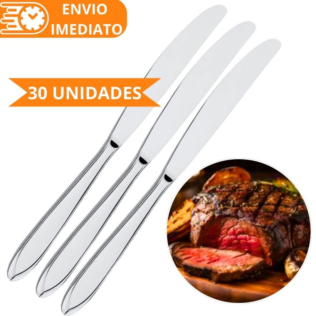 KIT 30 Faca de Mesa 100% Aço Inox Polido para Casa Cozinha Restaurante Bar Buffet Super Resistente