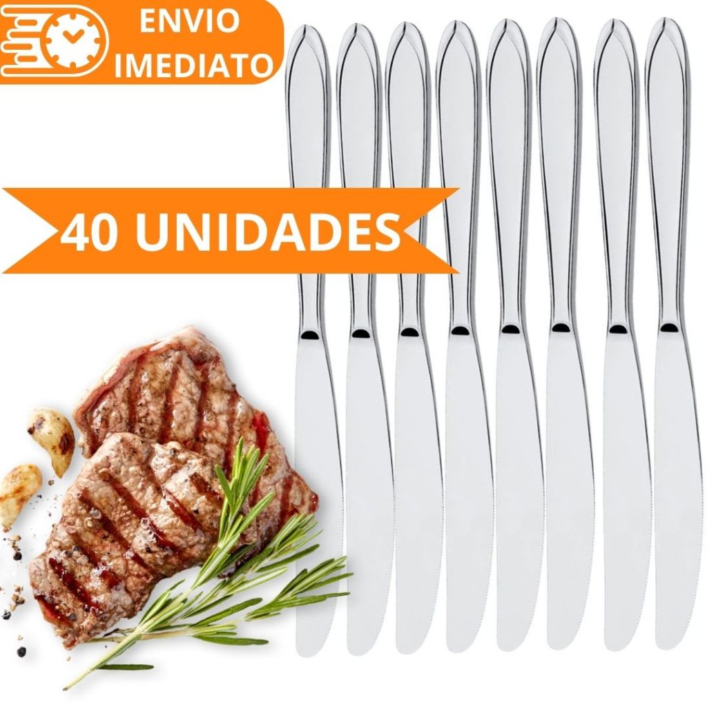 KIT 40 Faca de Mesa 100% Aço Inox PREMIUM Polido Grande para Casa Cozinha Restaurante Bar Buffet Super Resistente