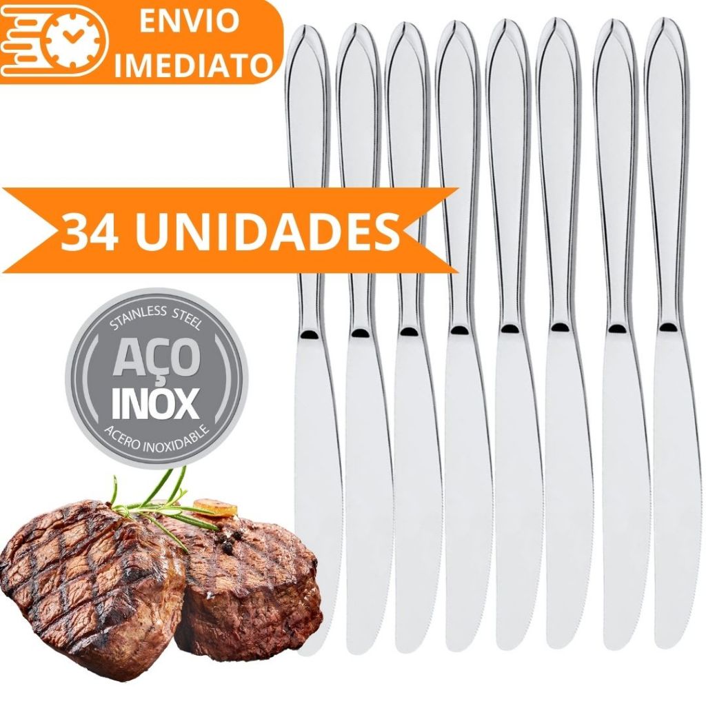 KIT 34 Faca de Mesa 100% Aço Inox PREMIUM Polido Grande para Casa Cozinha Restaurante Bar Buffet Super Resistente