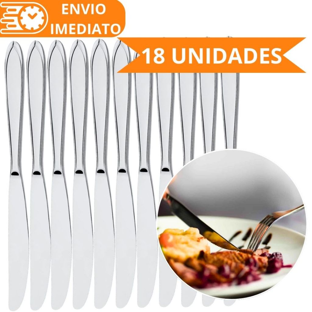 KIT 18 Faca de Mesa 100% Aço Inox PREMIUM Polido Grande para Casa Cozinha Restaurante Bar Buffet Super Resistente