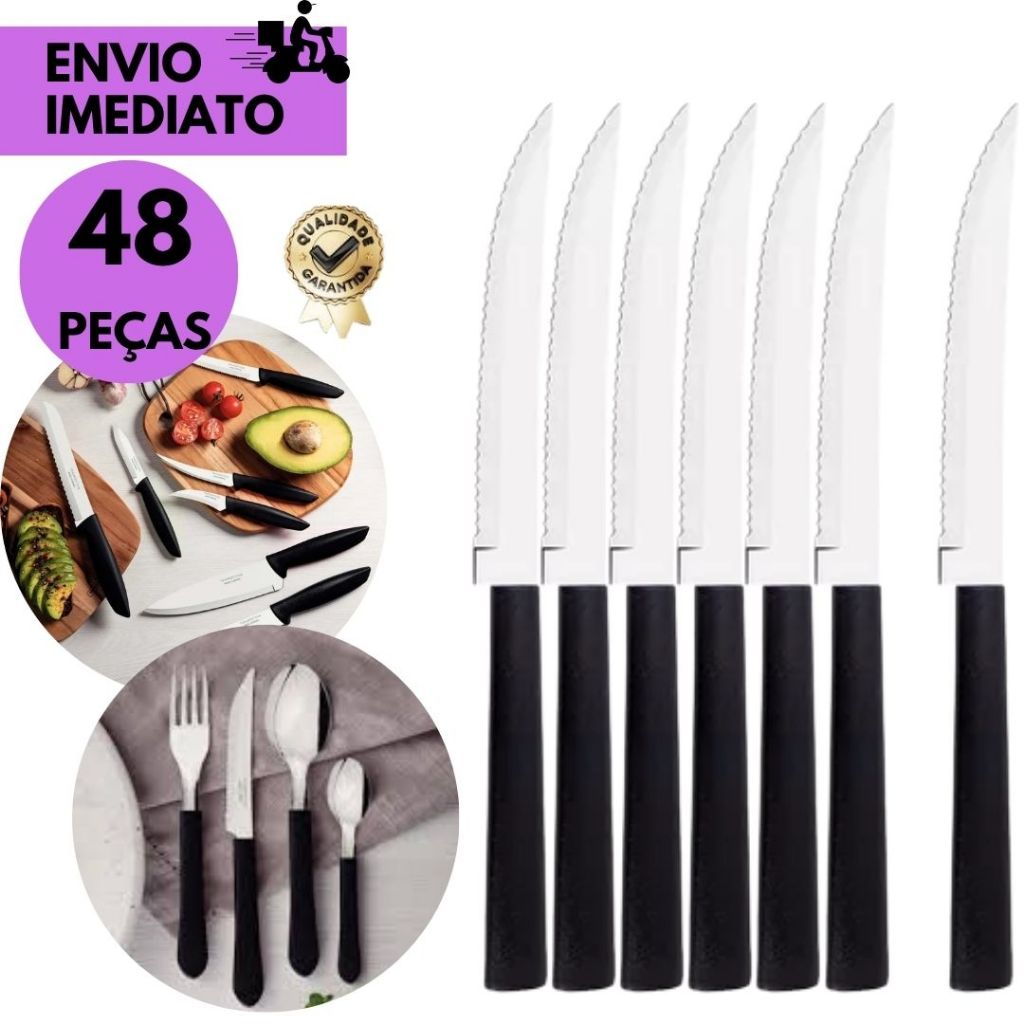 kits 48 ou 24 Faca Cabo Preto Resistente Ideal p/Churrasco Cozinha e Uso Diário p/Bares Restaurantes