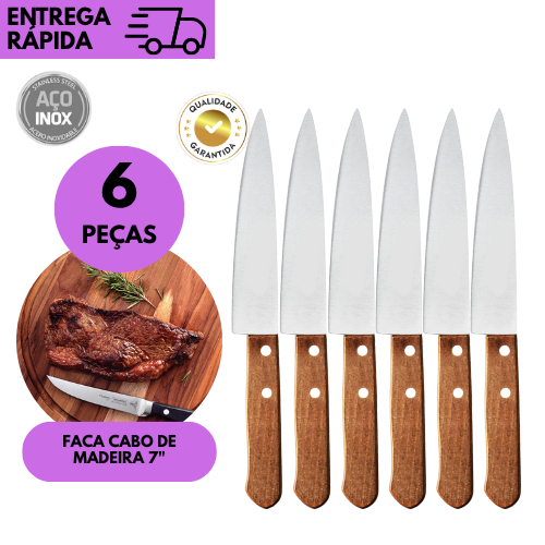 Kit 6/5/4 ou 3 Facas de Cozinha Inox 7” Cabo de Madeira Churrasco Profissional Uso Diário Bares Rest