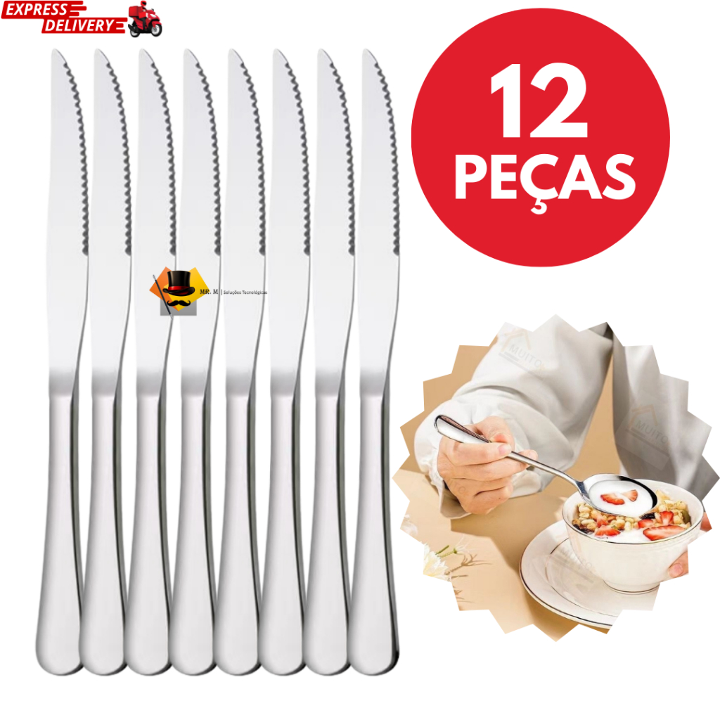 Jogo De Facas 12 Peças Inox Alto Brilho Mesa Restaurantes Bares