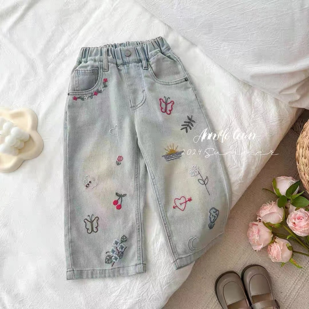 Pronto estoque Meninas primavera outono estilo Graffiti Jeans versão coreana bebê menina elegante bordado solto reto cal
