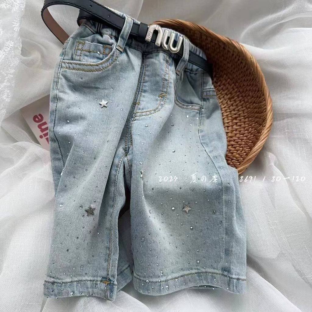 Meninas verão quente strass Denim calças cortadas 2026 versão coreana crianças casuais calças retas bebê menina moda cal