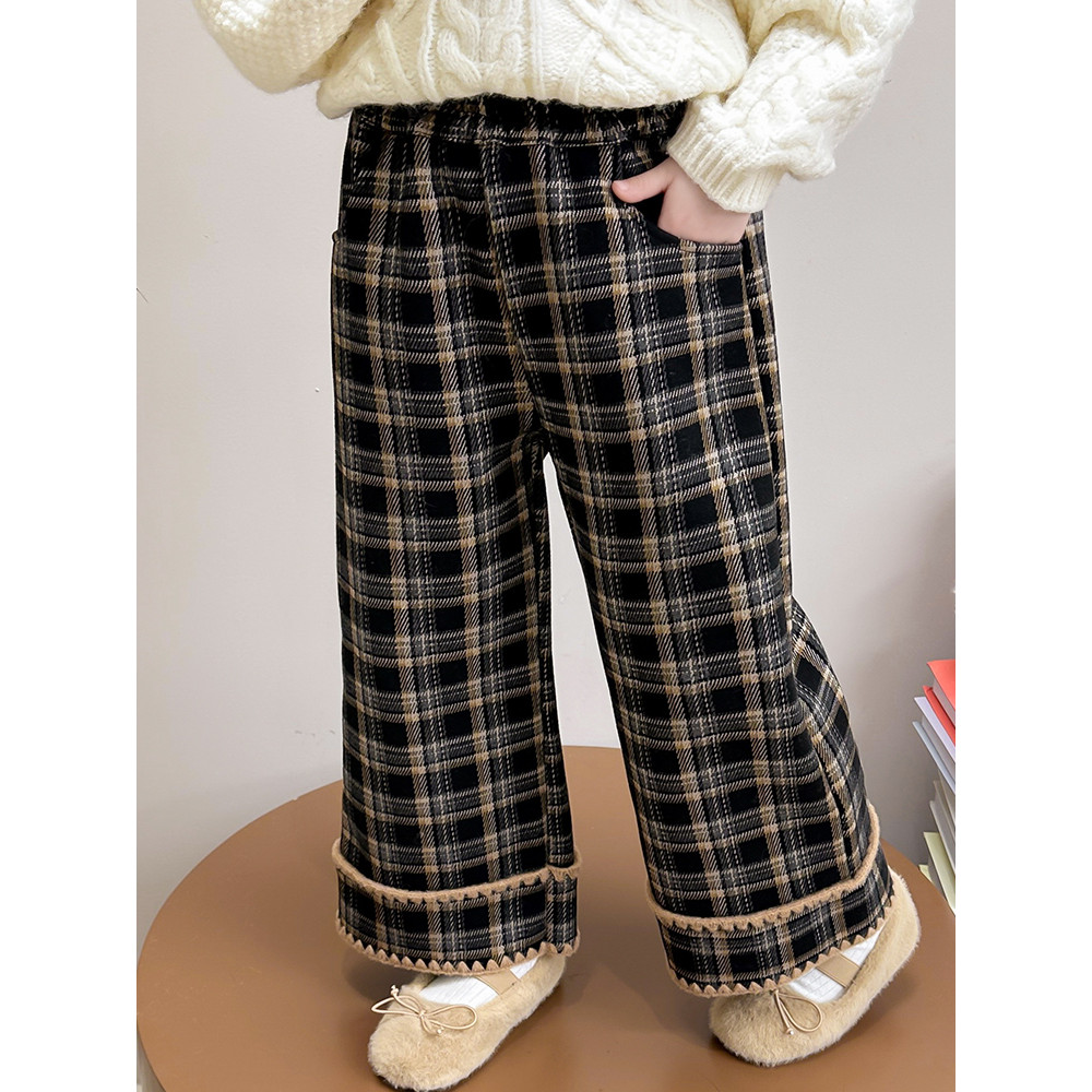 Feminino bebê forro de lã clássico xadrez calças de perna larga inverno novo estilo menina moda engrossado quente lã cal