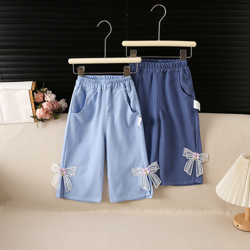 Crianças verão única camada estilo fino médio crianças calças cor sólida Casual all-match bebê menina arco all-match cal