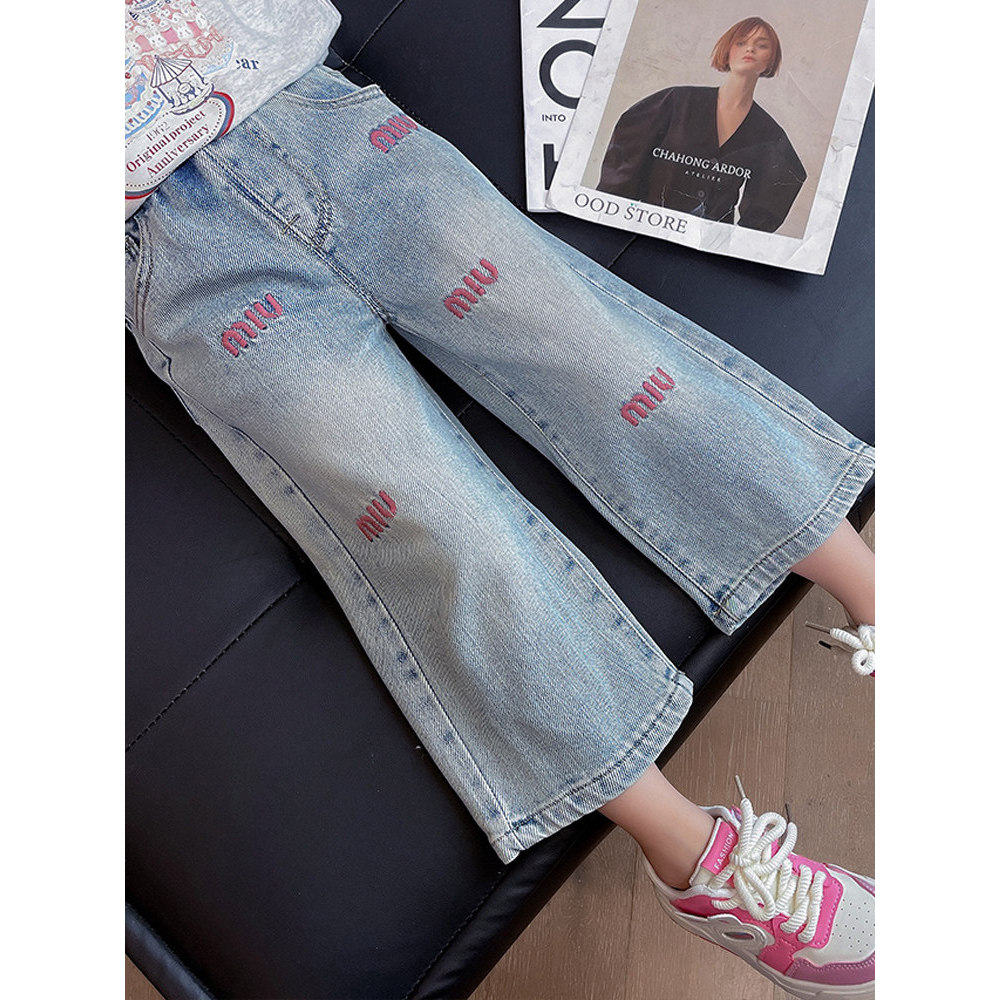 Calças jeans de perna larga meninas verão 2024 novo estilo cintura alta bebê menina calças soltas Casual estilo fino cal