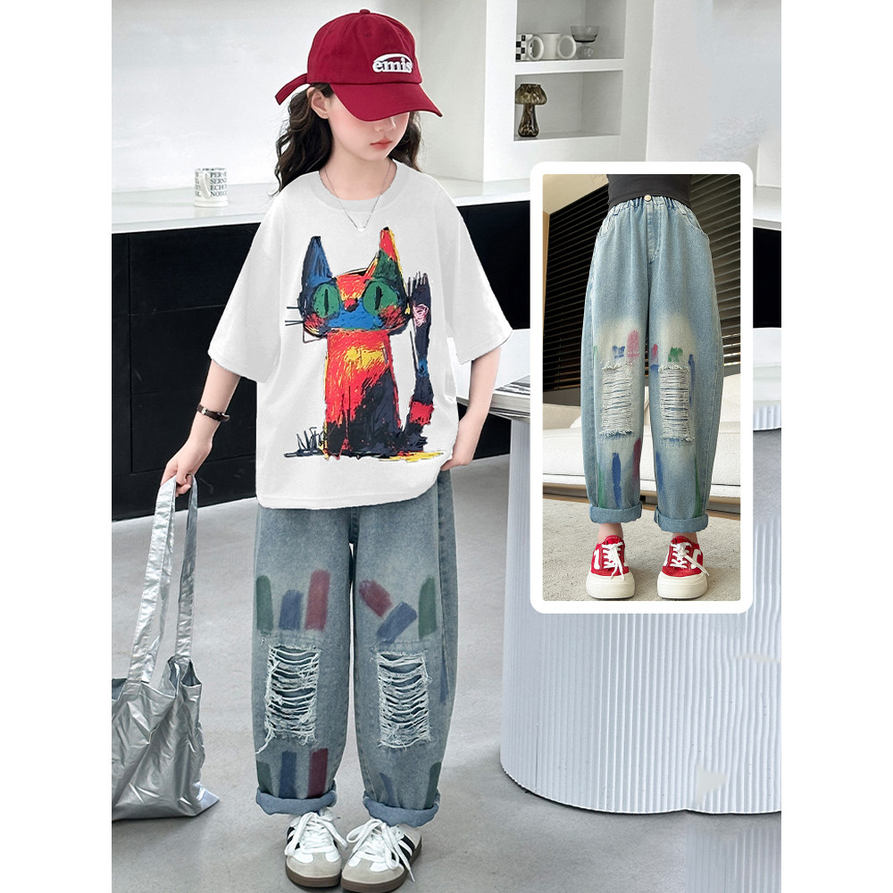 Grande menina verão rasgado solto calças de perna reta estilo ocidental verão meninas calças Jeans verão estilo fino cal