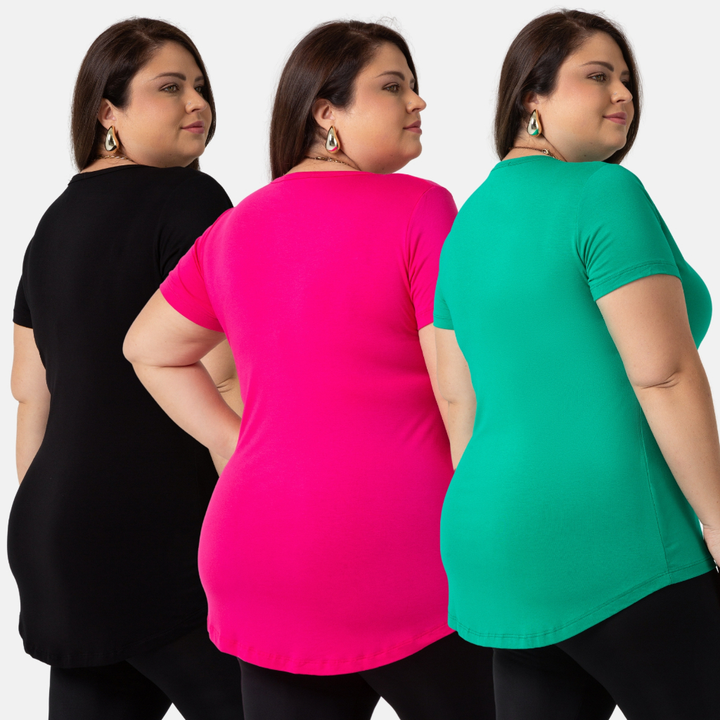 Kit 3 Blusa Feminina Tampa Bumbum Básica Moda Plus Size Long Line Verão 1126-KIT3-C2