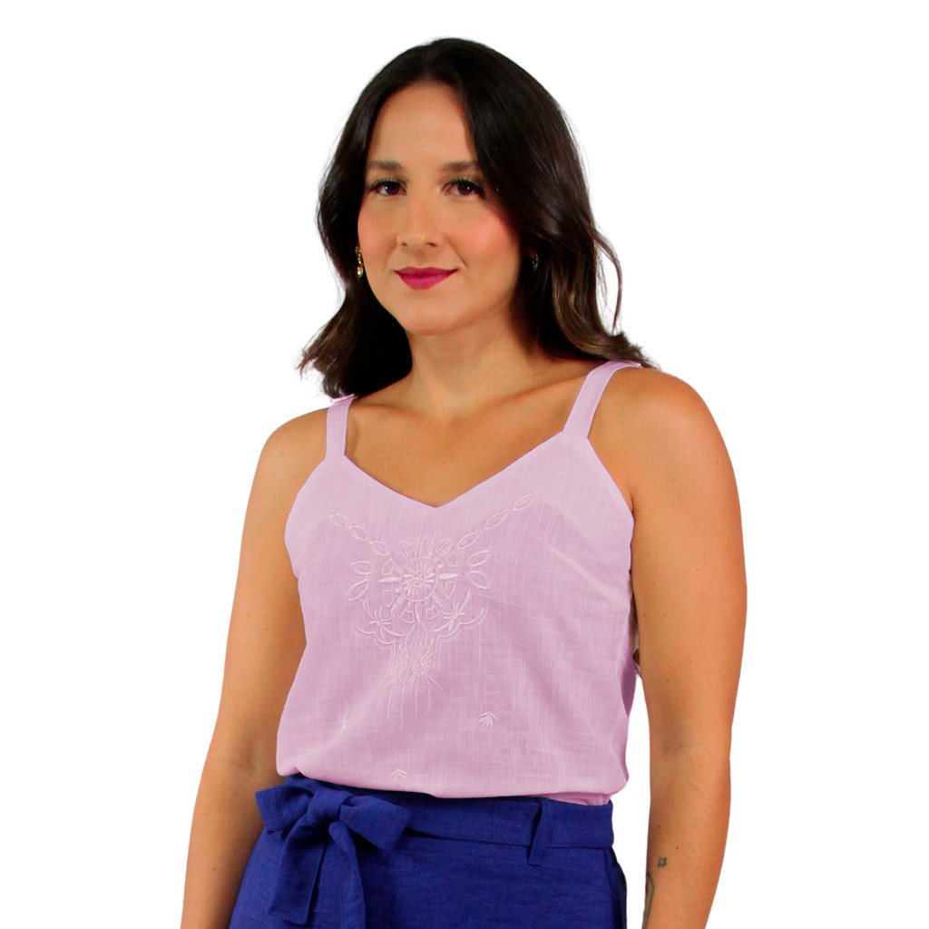 Blusa Feminina Estilo Regata Viscolinho Bordada No Decote Com Alça Fresca Verão Tendência Estação Leve