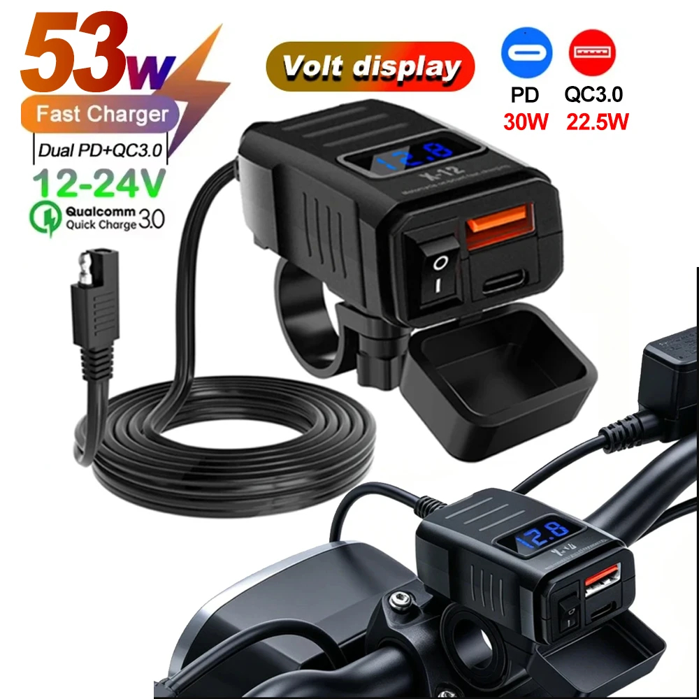 53W PD QC3.0 Motocicleta USB Carregador Rápido Porta Dupla À Prova Dwaterproof Água Guiador Soquete Com Interruptor Volt