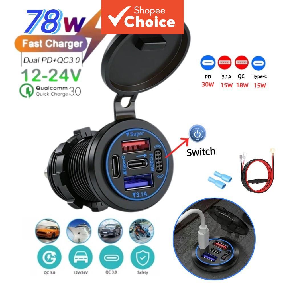 Tomada Rápida Do Carregador De Carro Usb-c 12-24v Incorporado Pd30w Qc3.0 4 Portas À Prova D'água Para Motocicleta Rv Ca