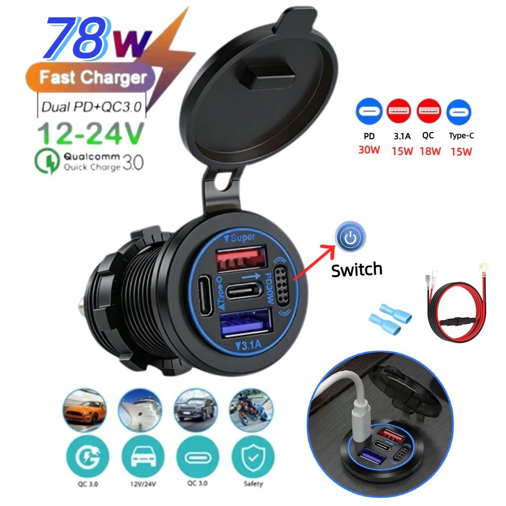 Tomada Rápida Do Carregador De Carro Usb-c 12-24v Incorporado Pd30w Qc3.0 4 Portas À Prova D'água Para Motocicleta Rv Ca
