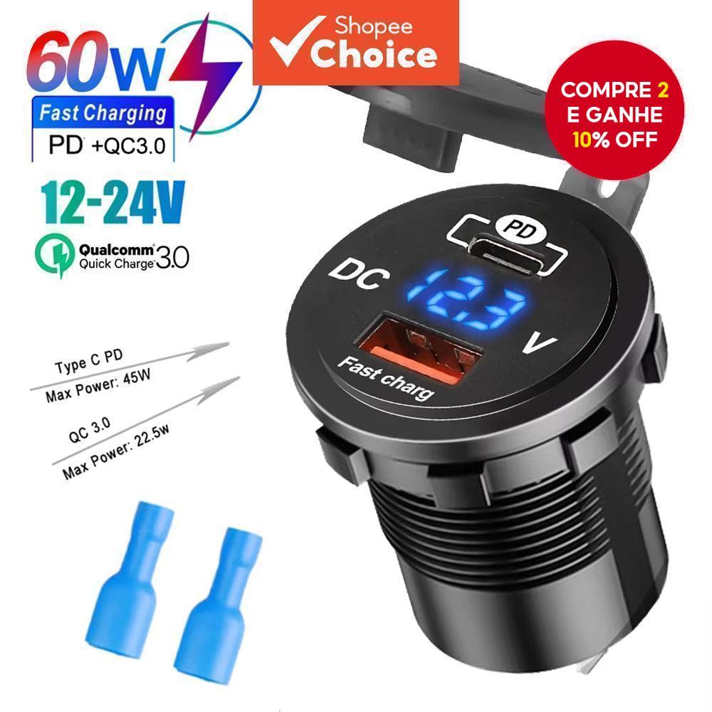 Carregador de Carro de 60w com Display de Voltagem, Usb Tipo C Pd + Qc3.0, Porta Dupla para Motocicleta, Caminhão, Barco