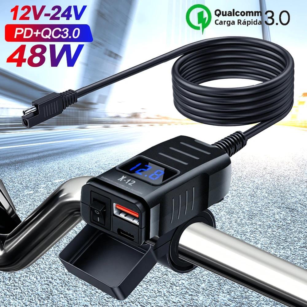 [Estoque Pronto] Carregador De Motocicleta 48W PD QC3.0 Portas Duplas Com Voltímetro E Interruptor 12V-24V USB Type C Ad