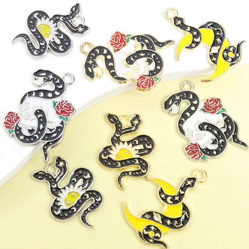 10pcs Creative Snake Shaped Surround Sun , Moon , Skull Enamel Charms for DIY Punk Unisex
