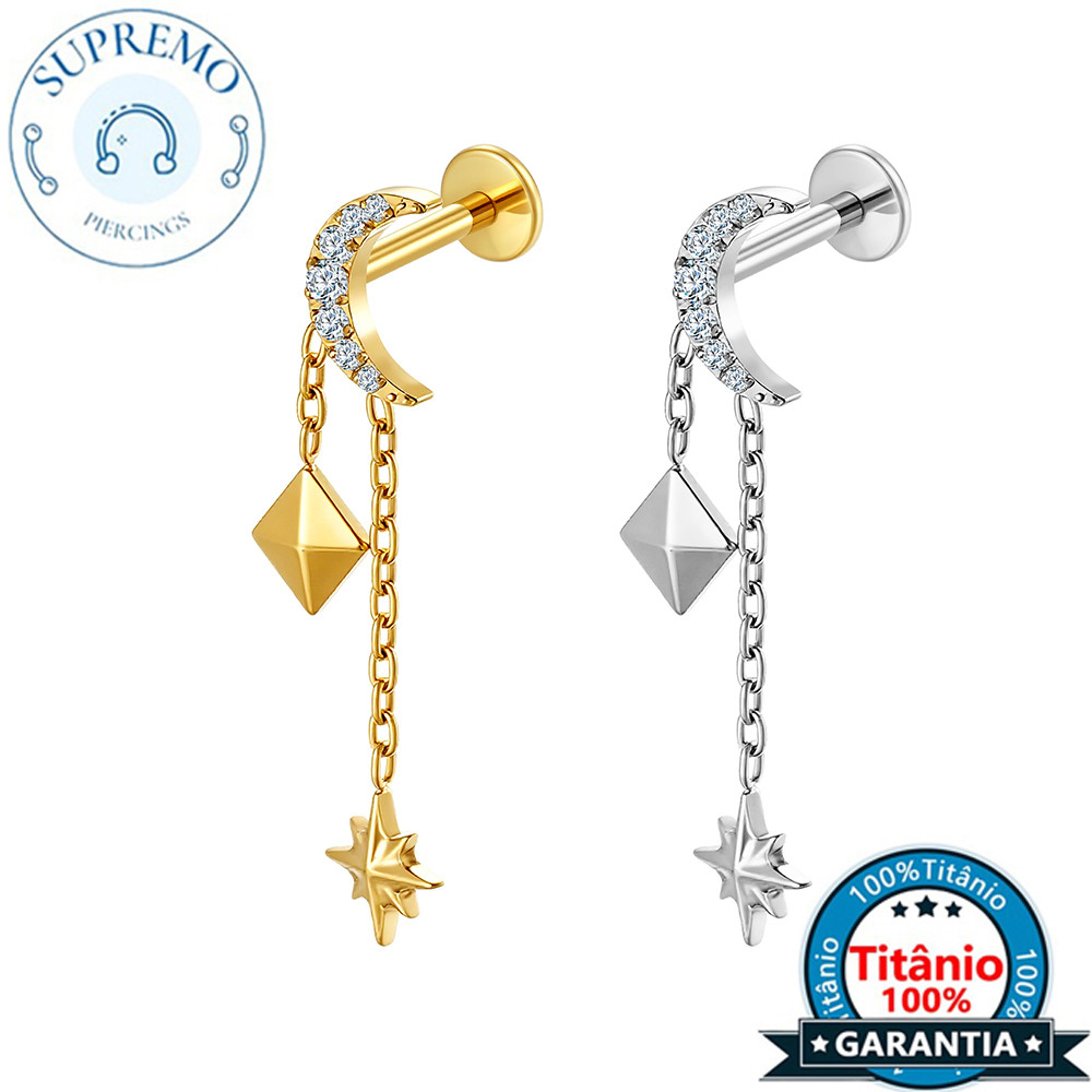 Piercing Labret Titanium PVD Moon Zirconia With Pendant And Chains Helix Tragus Conch Rook