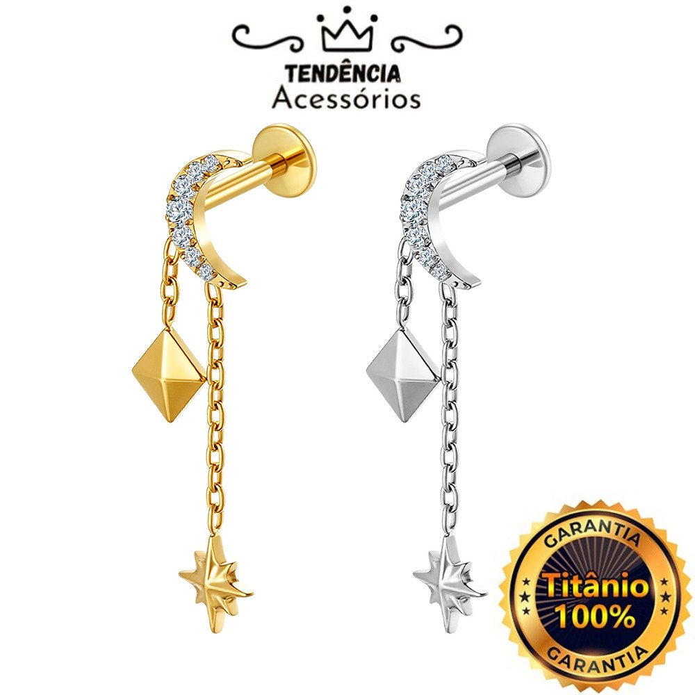 Piercing Moon Labret Titanium PVD Zirconia With Star Pendant And Chains Helix Tragus Conch Nose