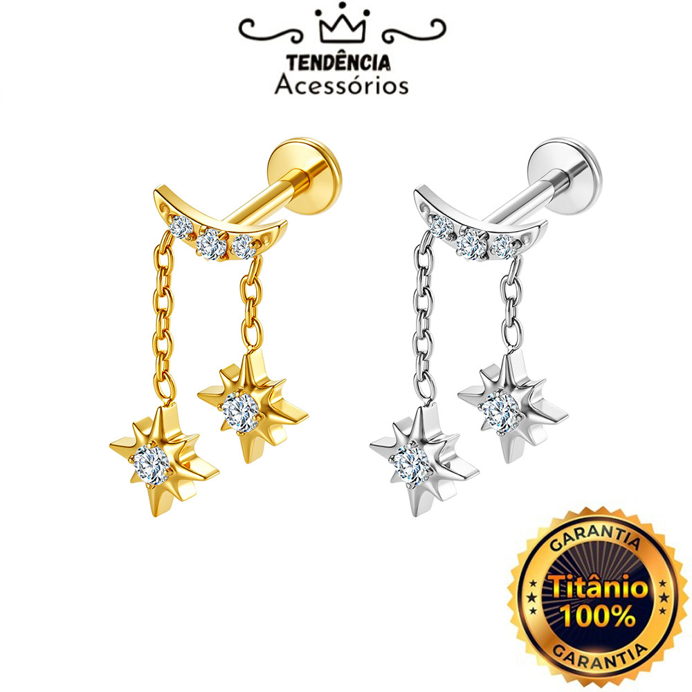 Titanium PVD Moon With Star Pendant Zirconia For Helix, Tragus, Conch, Nose, Mouth-Use And Others