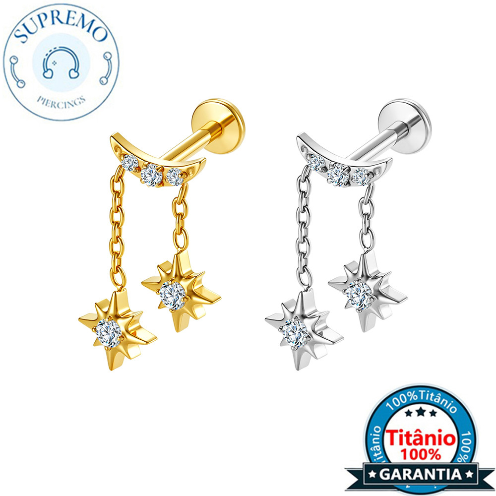 Titanium PVD Moon With Star Pendant Zirconia For Helix, Tragus, Conch, Nose, Mouth-Use And Others
