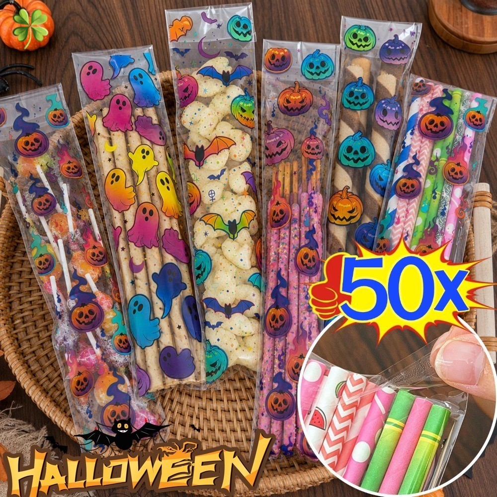 50 Pçs Tema De Halloween Longo Auto Selagem Sacos Estilo Misto Fantasma Abóbora Impressão Biscoitos Embalagem Bolsas Par