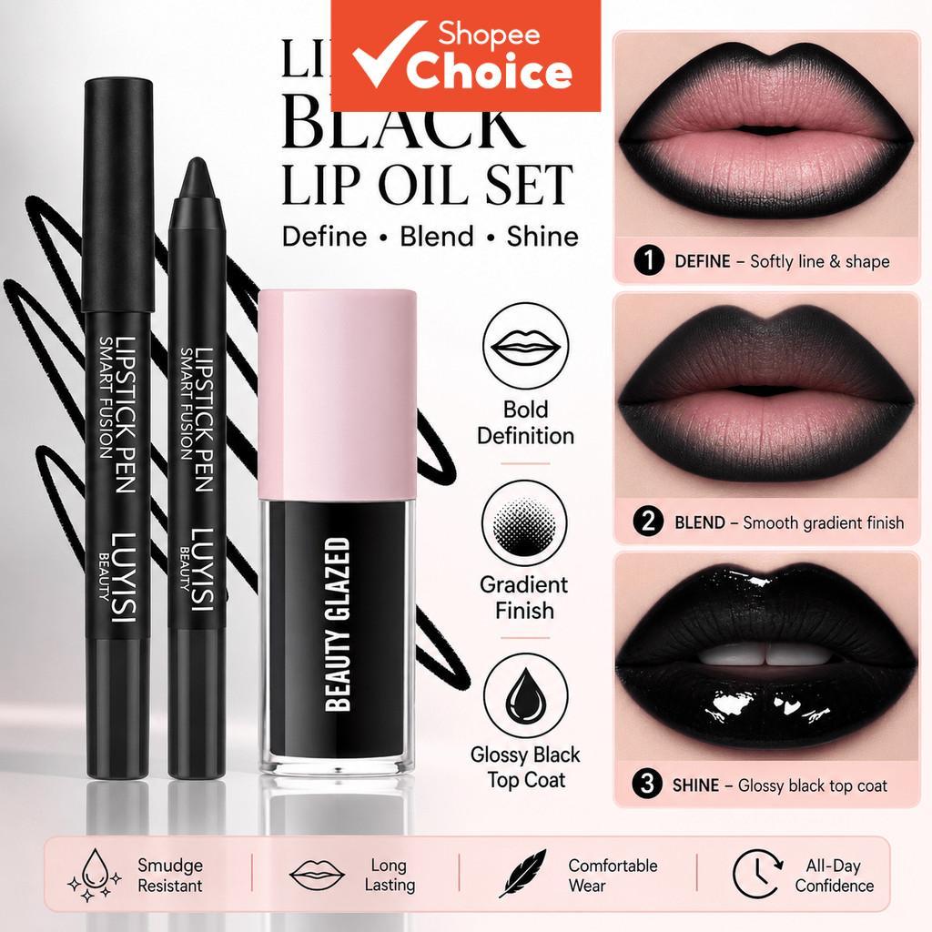 Conjunto de Maquiagem Labial Preta de Halloween com 2 Peças, Inclui 1 Caneta Labial Preta e 1 Óleo Labial Preto, Visual