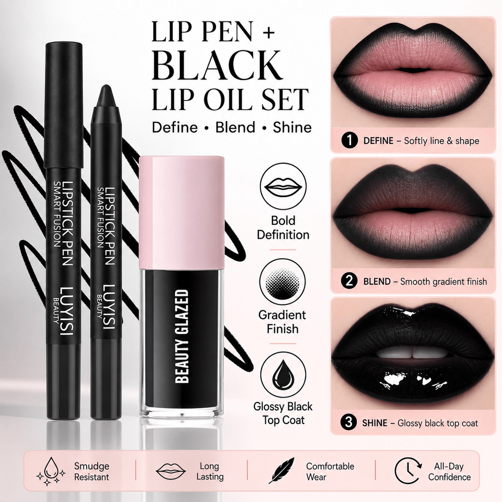 Conjunto de Maquiagem Labial Preta de 2 Peças para Halloween, Inclui 1 Caneta Labial Preta e 1 Óleo Labial Preto, Visual