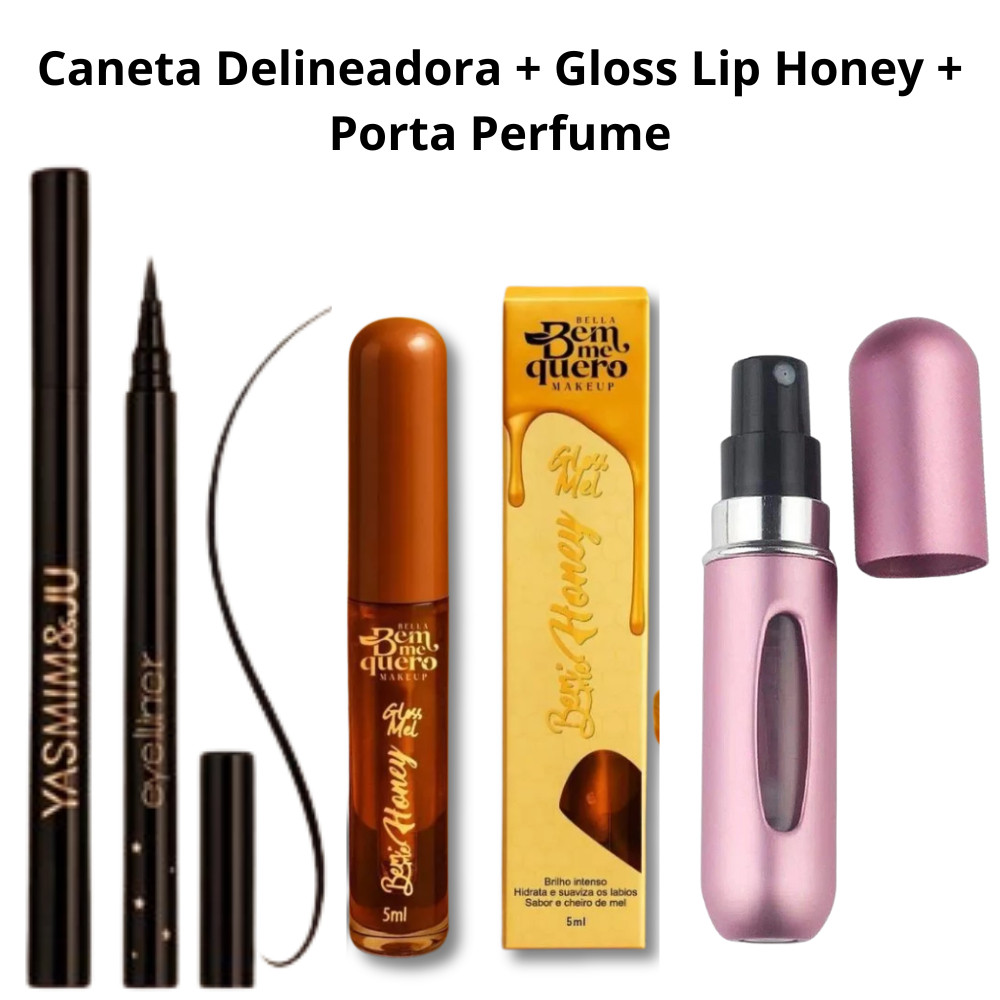 Kit Caneta Delineadora Preta A Prova D'Agua Porta Perfume 5ml Gloss Lip Honey Dia a Dia Maquiagem Lançamento