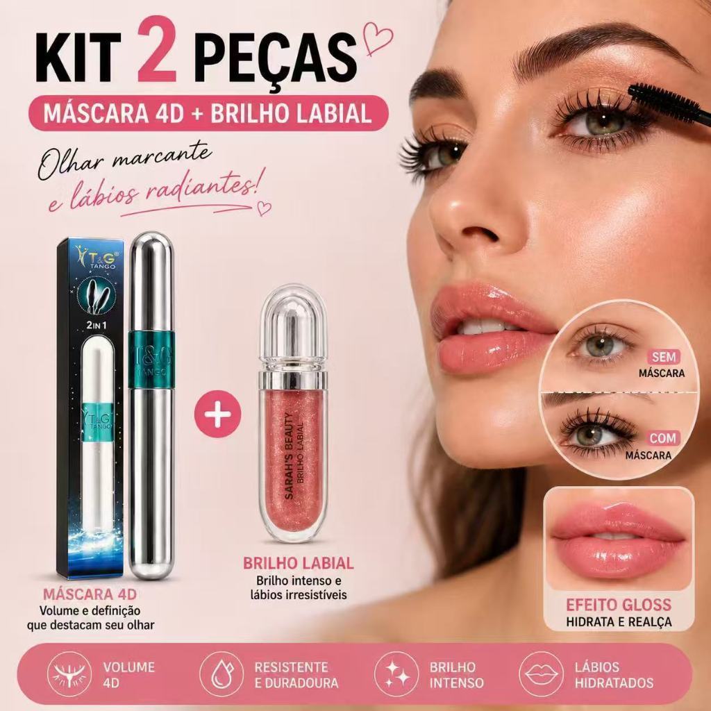 KIT T&G Tango Máscara 4D Preta à Prova d'Água Volume + Sarah's Beauty Brilho Labial Efeito Gloss