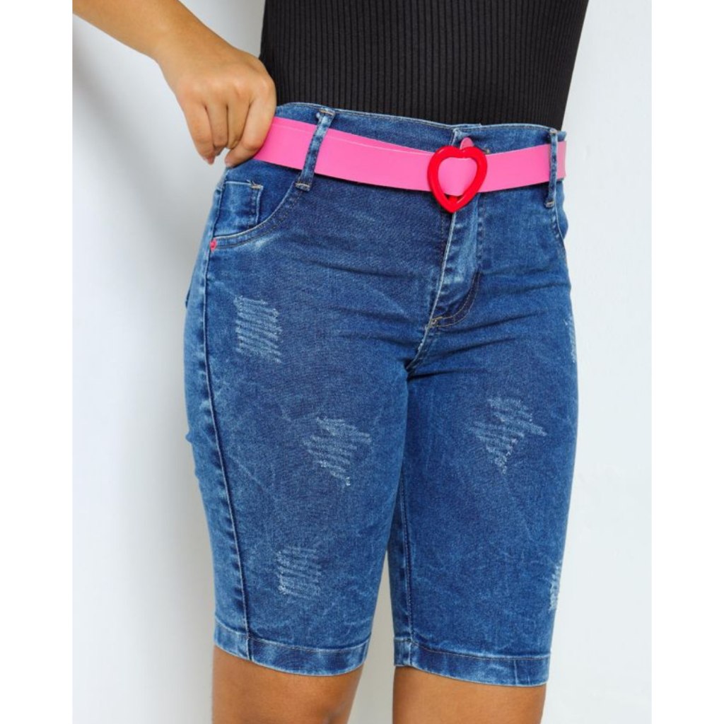 Shorts Jeans Meia Coxa Infantil e Juvenil Pedal Menina Moda Blogueirinha Cintura Alta Rasgadinho