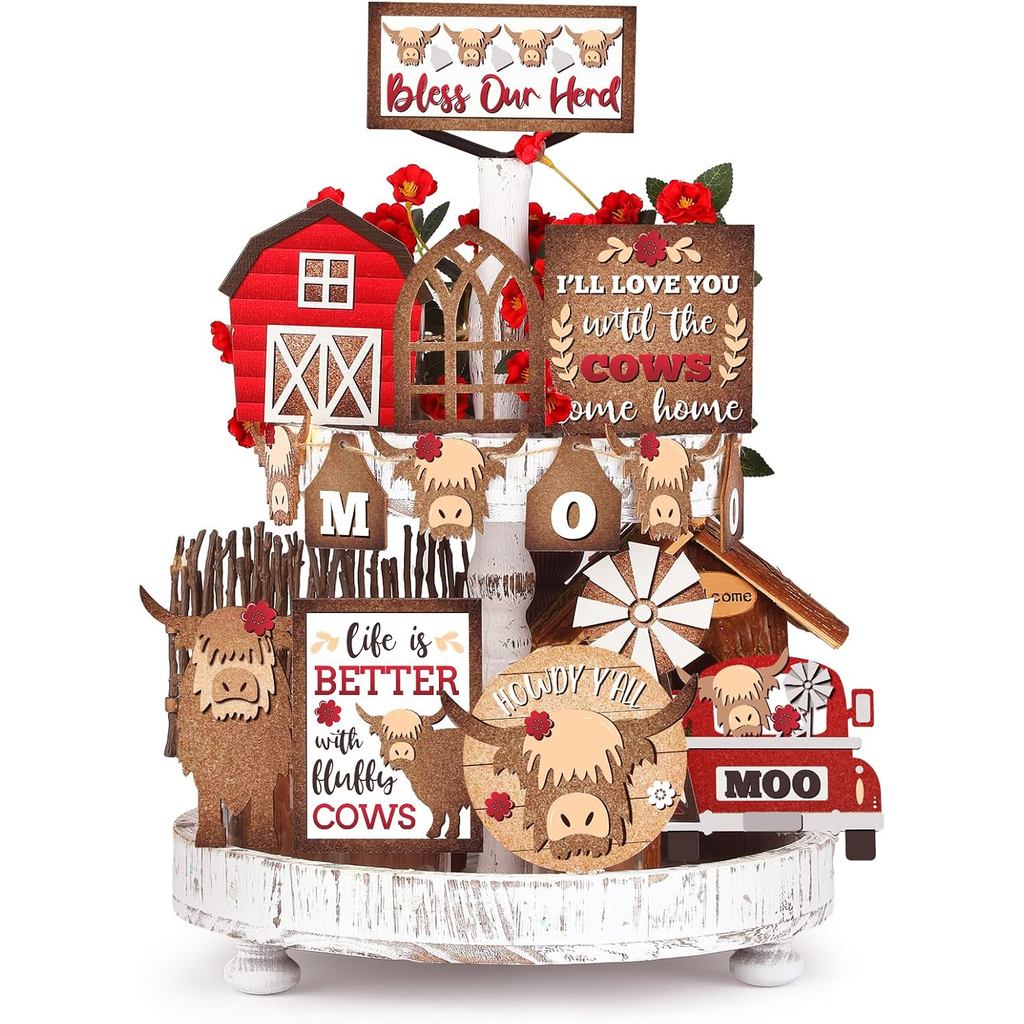 GlikCeil 20 Pcs Highland Cow Tiered Tray Decor Set Wood Cow Sign Rustic Farmhouse Table Centerpiece for Home Kitchen Tab