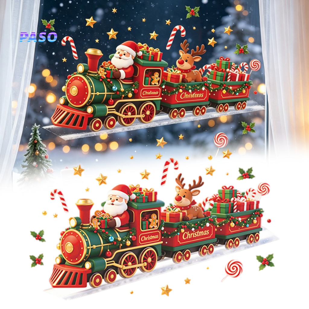 Removable Seasonal Wall Art Christmas Window Clings Train Sticker with Santa Claus Reindeer Self-adhesive Pvc Decals for