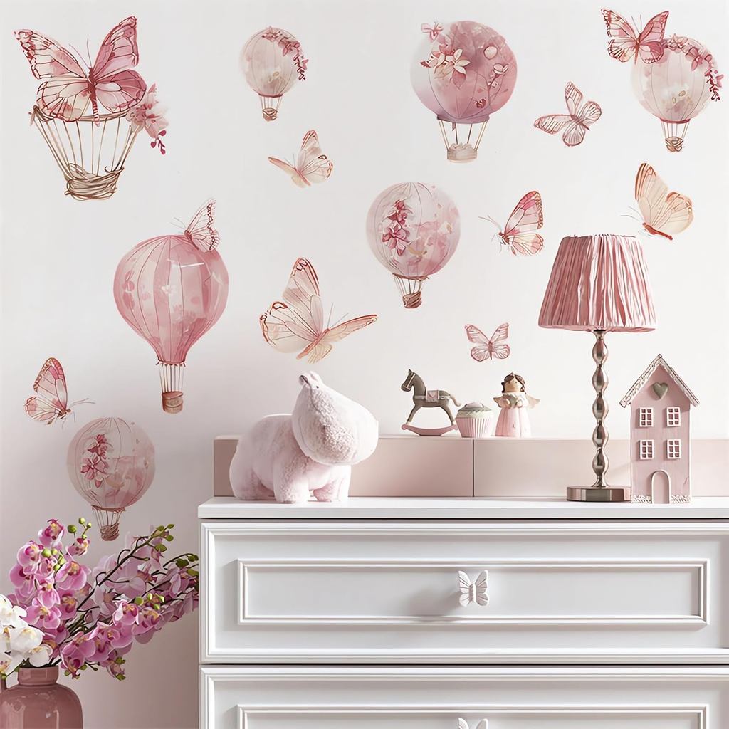 Pink Butterfly Hot Air Balloon Large Wall Stickers, sacinora DIY Art Wall Decals Removable Vinyl Peel and Stick for Kids