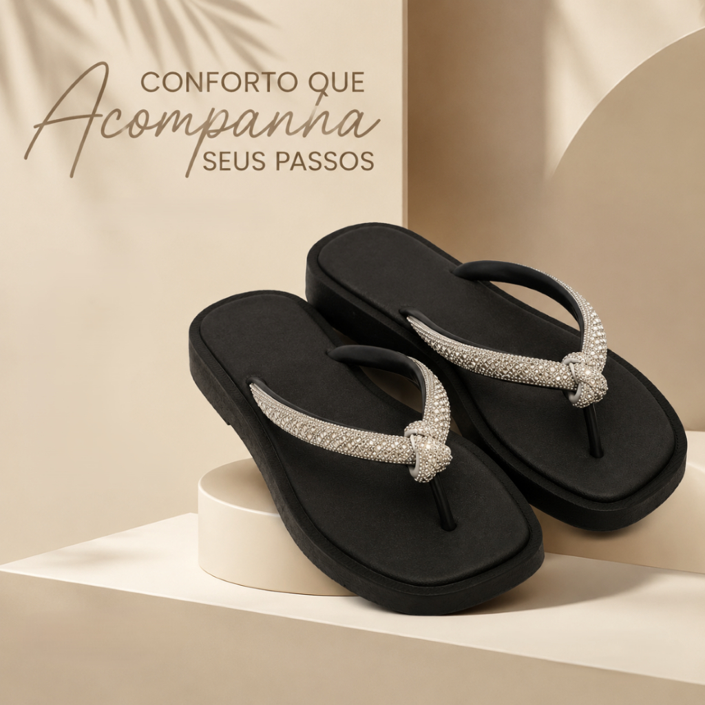 Chinelo Elegance Preto Feminino Com Nó E Brilho Tiras Reforçadas Para Seu Look Diário Antiderrapante