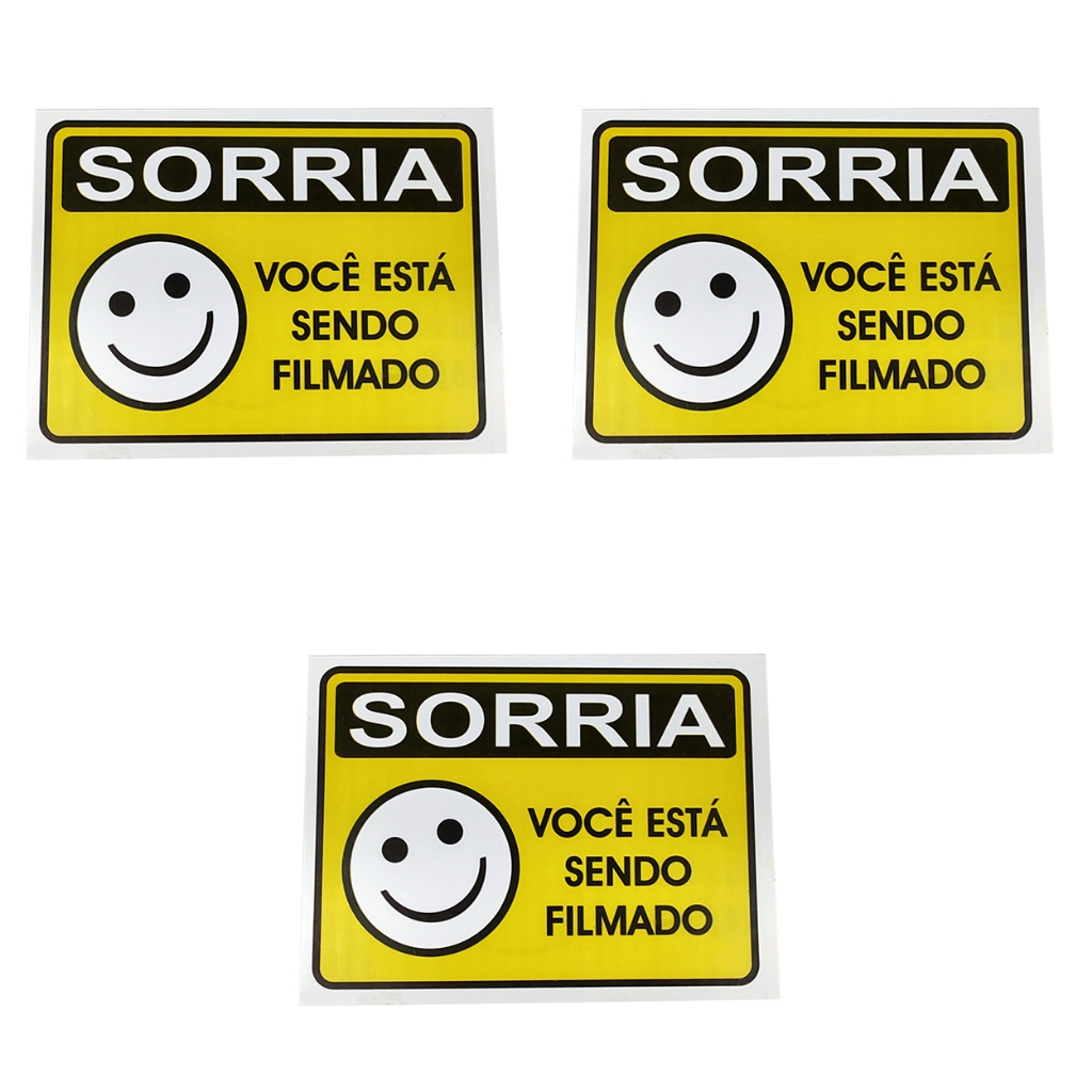 Kit 3 Placas Sorria Você Está Sendo Filmado Câmera 20x15 Cm