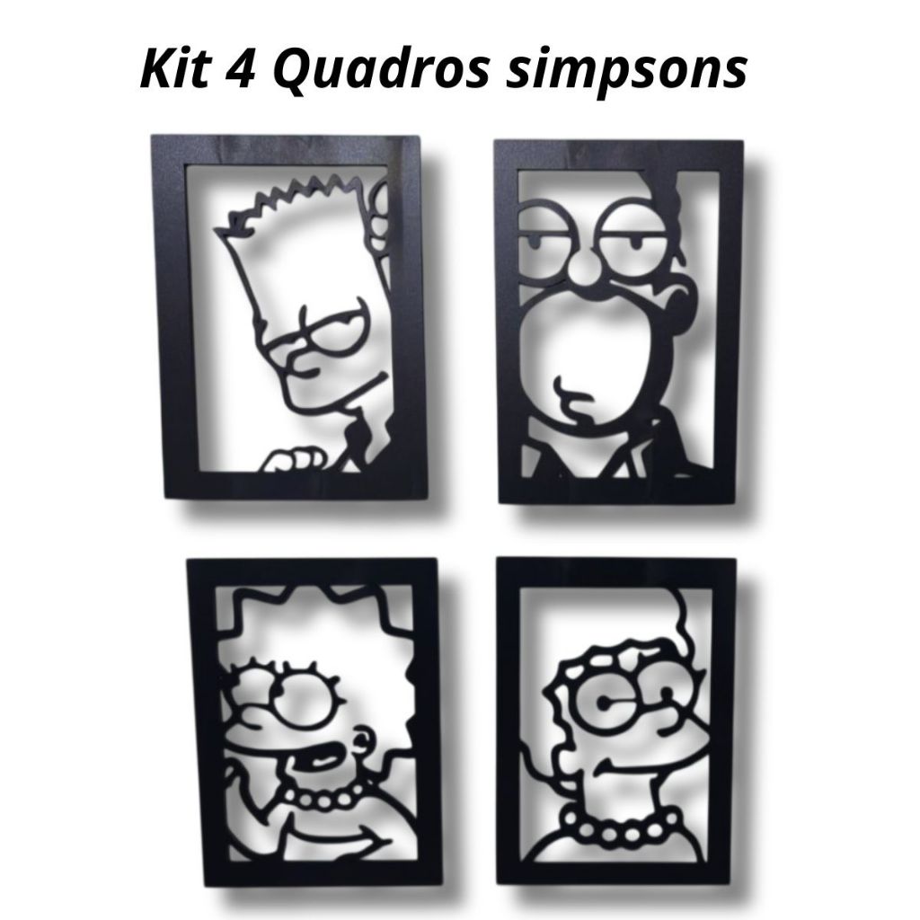 Kit 4 Quadros Decorativos Os Simps@ns MDF 3mm Preto 20x15 - Decoração Geek