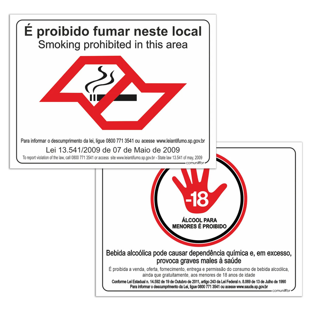 Kit Placa Proibido Fumar e Vender Bebidas Para Menores 20x15