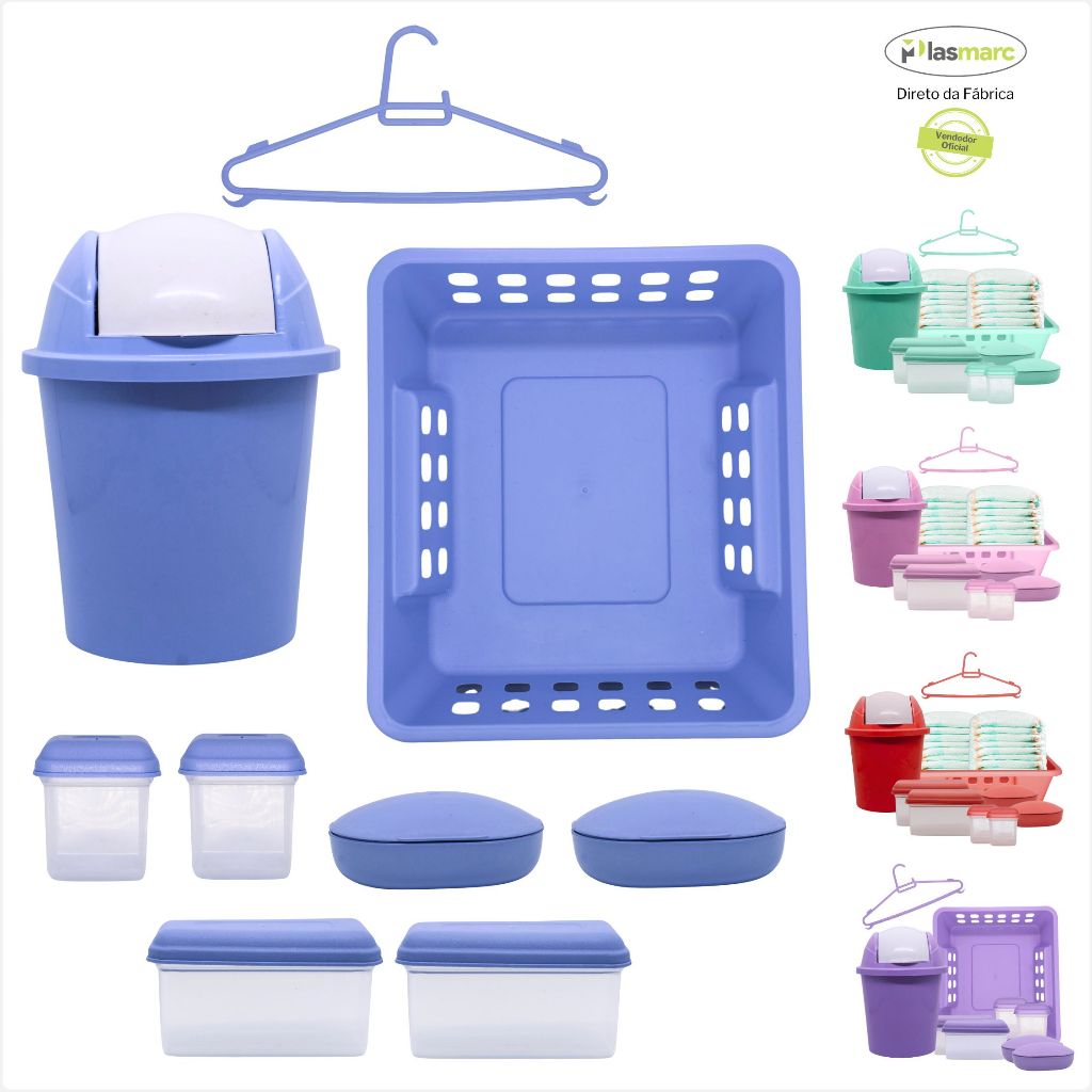 Conjunto Baby Com Cestinho Para Fraldas, Saboneteira, Lixeirinha, Potinhos Para Pomadas e Cabides