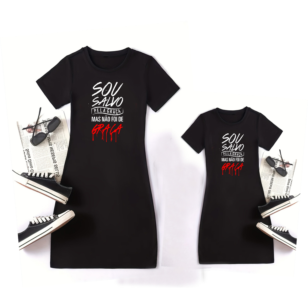 Vestido mãe e filha  Camiseta / Camisetão SOU SALVO PELA GRAÇA GOSPEL Combinando iguais.