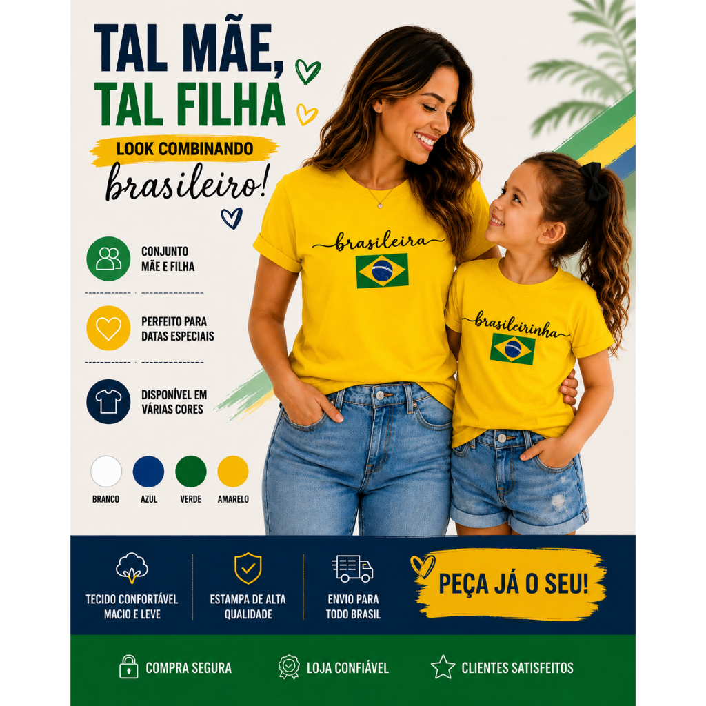 Kit Camiseta Tal Mãe Tal Filha Brasil Feminina Infantil Adulto Roupa Igual Mãe e Filha