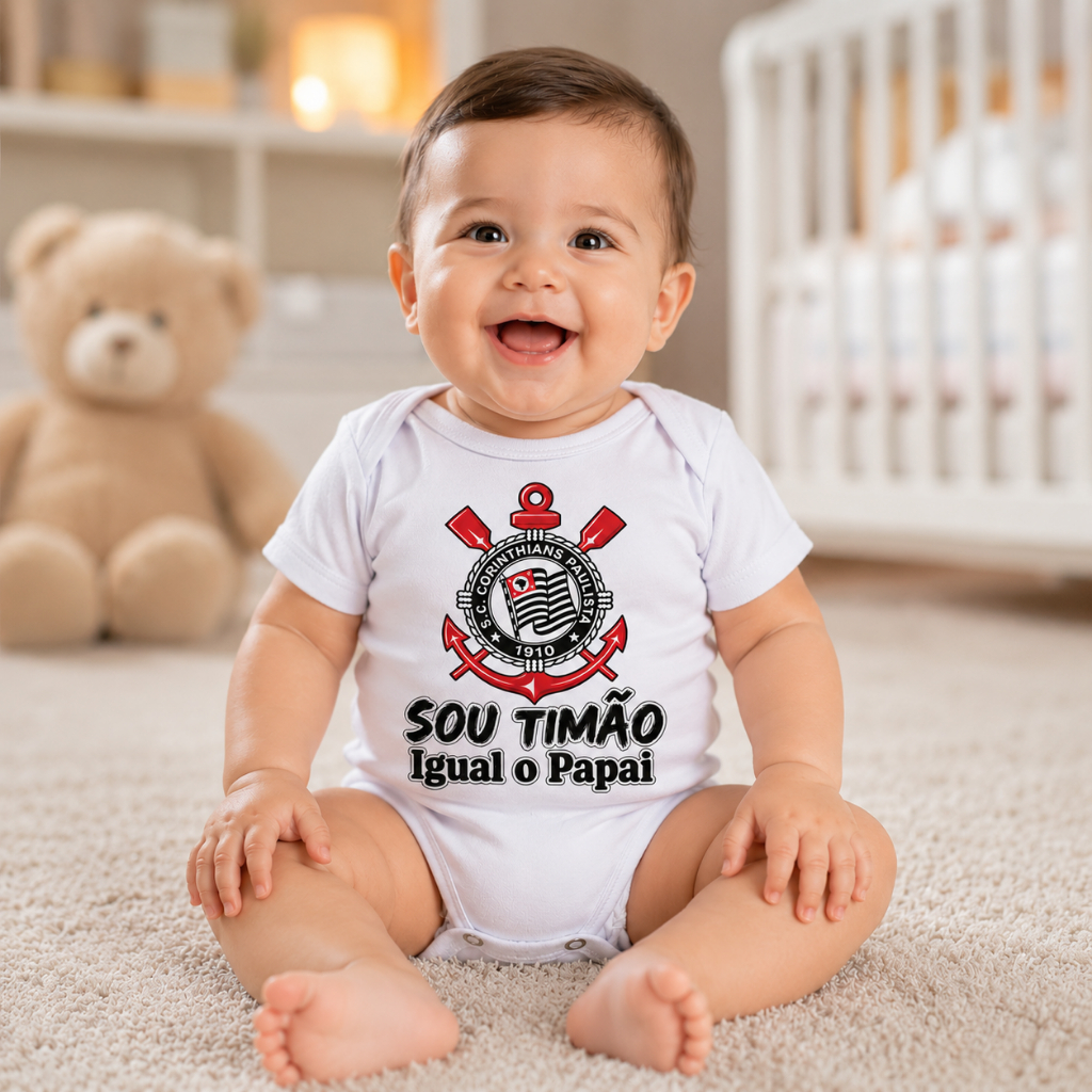 Body Bebê Corinthians Sou Timão Igual o Papai 100% Algodão Menino Torcedor Futebol Mesversário