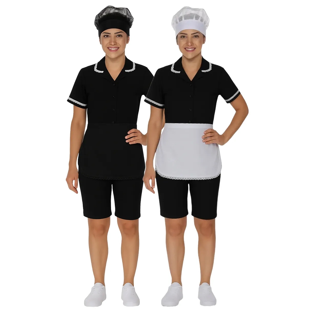 Conjunto copeira camisete + bermuda + avental e touca