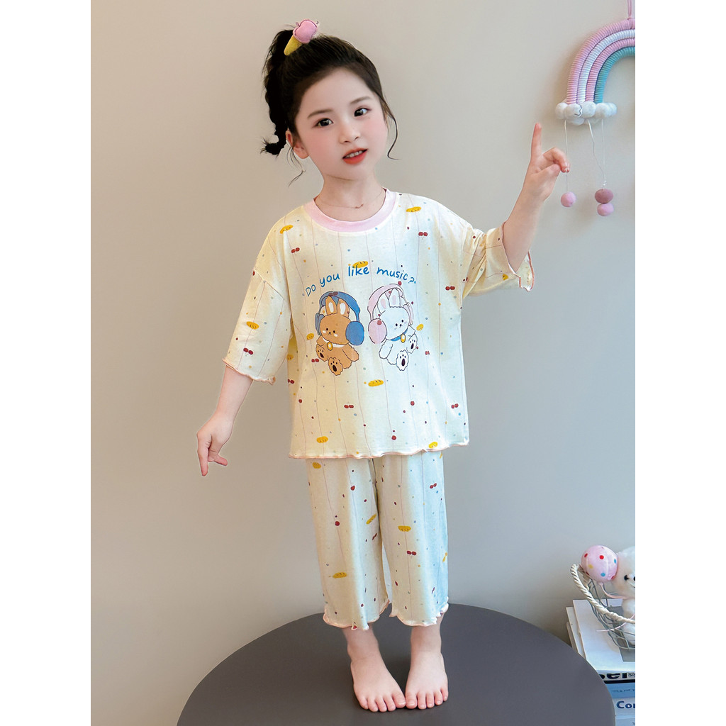 Meninas Modal pijamas verão estilo fino 1 crianças manga de três quartos dividir roupas de ar condicionado 6 pequeno beb