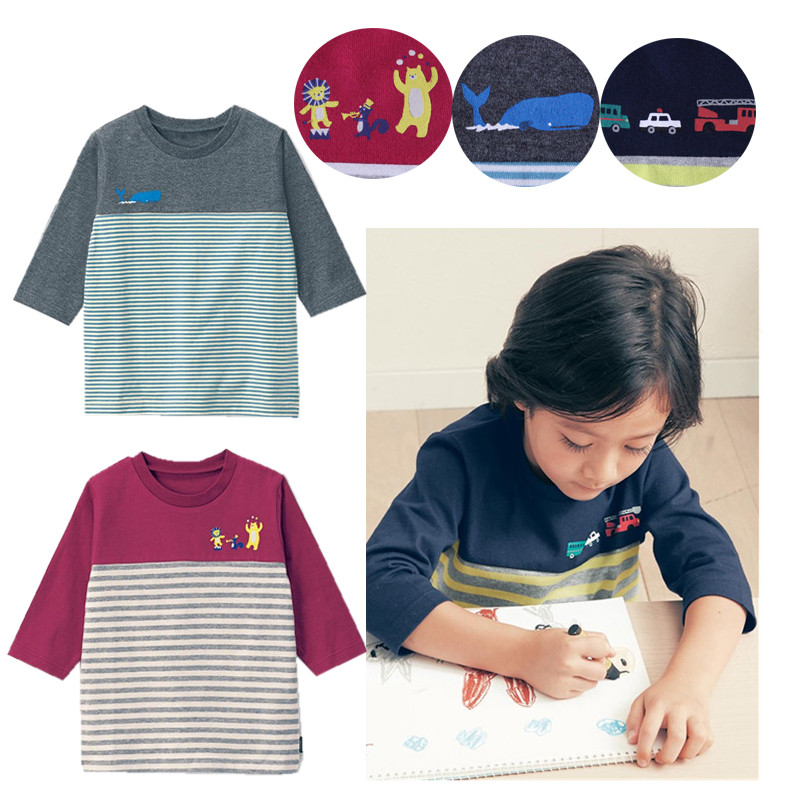 Estilo japonês mil casa meninos meninas puro algodão manga três quartos em torno do pescoço camiseta primavera verão beb